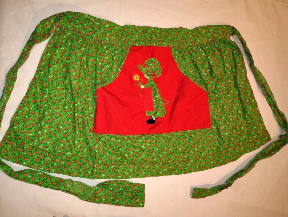 Vintage Half Apron Holly Hobbie Green Red Flowers Pockets
